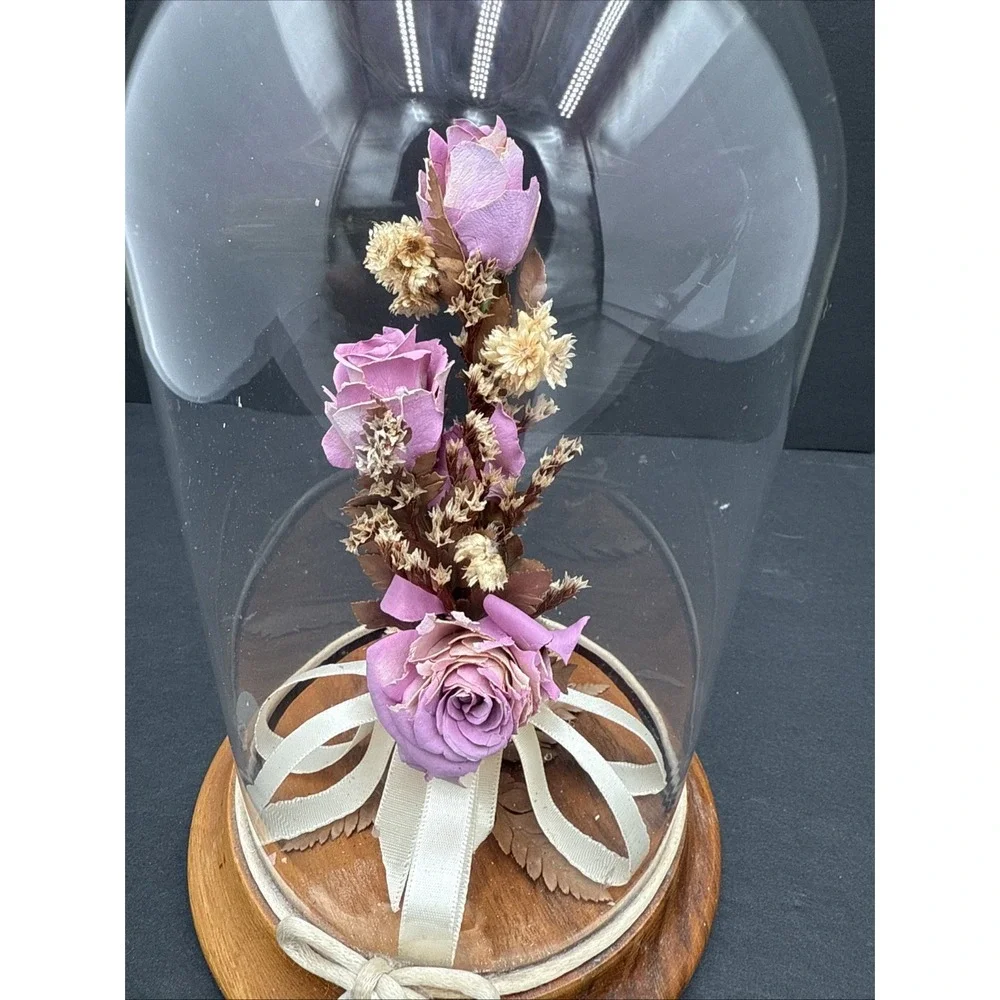 Vintage Dried Rose‎ Flowers Under Glass Dome Wood Base